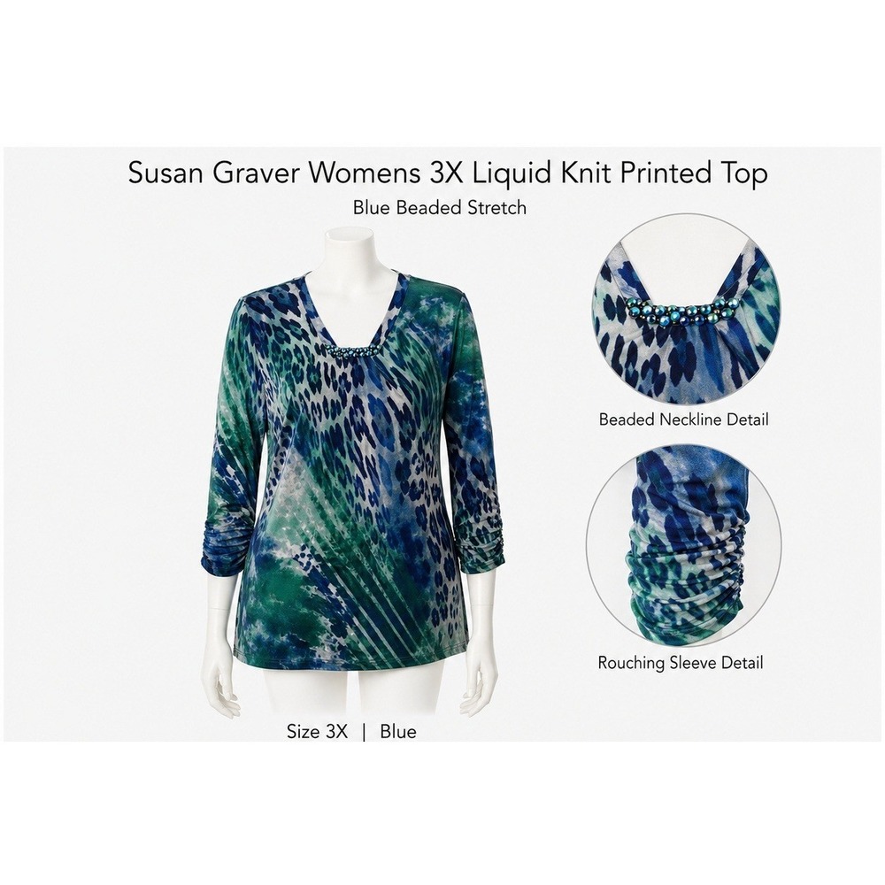 Susan Graver Womens 3X Liquid Knit Printed Top Blue Beaded Ruched A235624